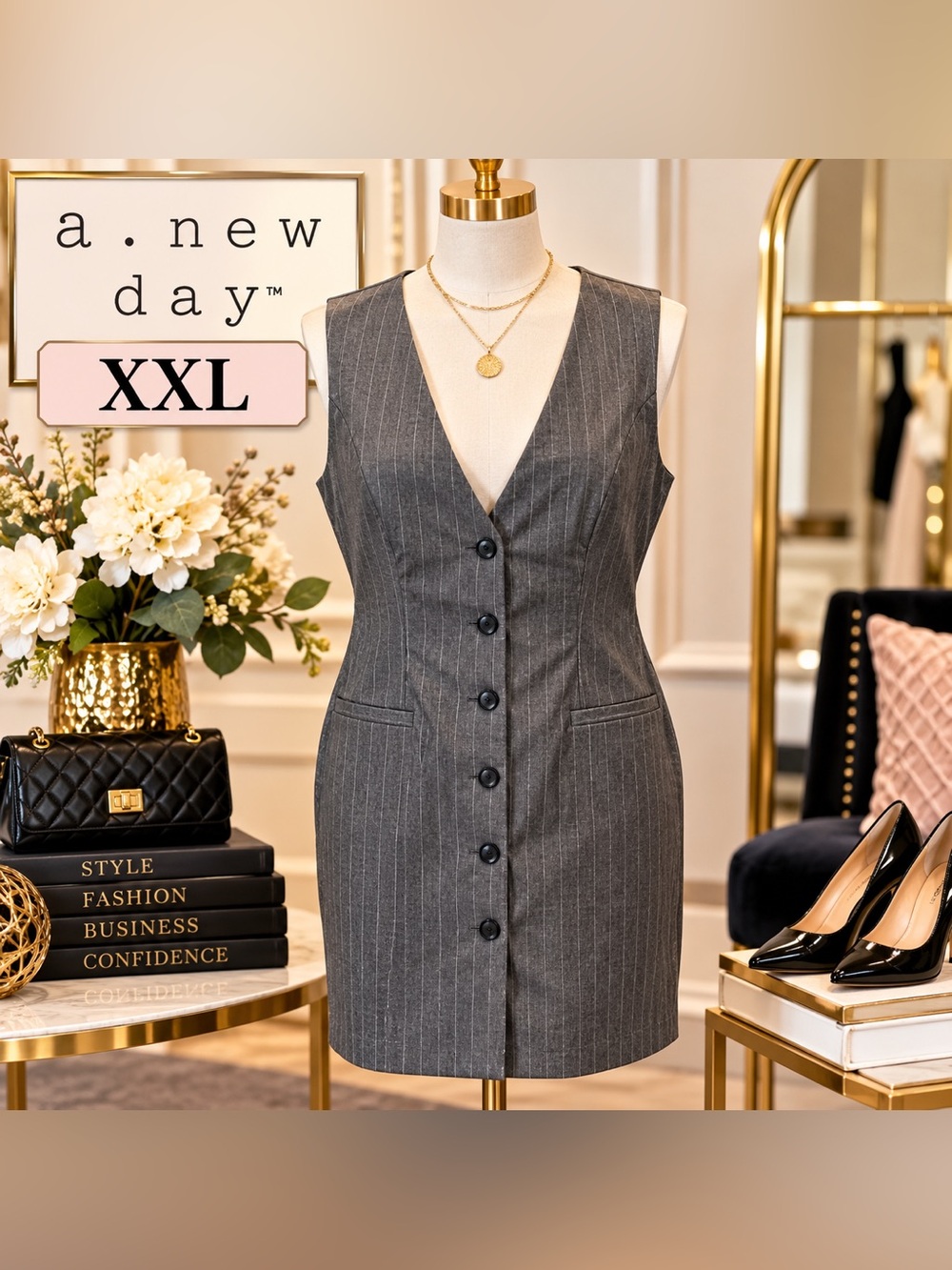 A New Day Women’s Gray Pinstripe Button-Front Vest Dress – XXL – NWT